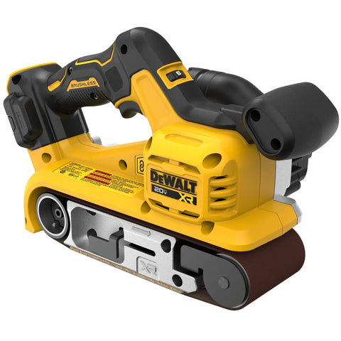 Heavy Duty 20V Max Cordless Belt Sander With A Badass Brushless Motor And Hassle Free Airlock Dust Capture For Top Tier Woodworking And Smoother Finish Results Tool Only side view showing yellow and black design with sanding belt.