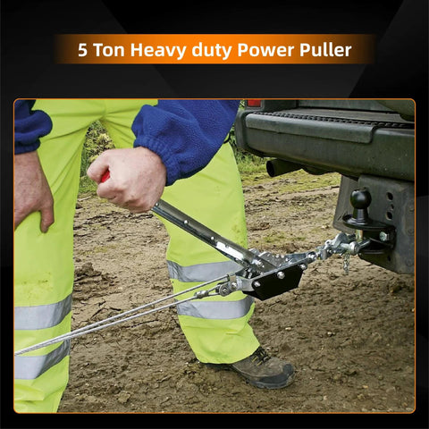 5 Ton Dual Gear Power Puller with 3 Hooks attached to a vehicle for heavy duty lifting with steel cable and anti-slip handle