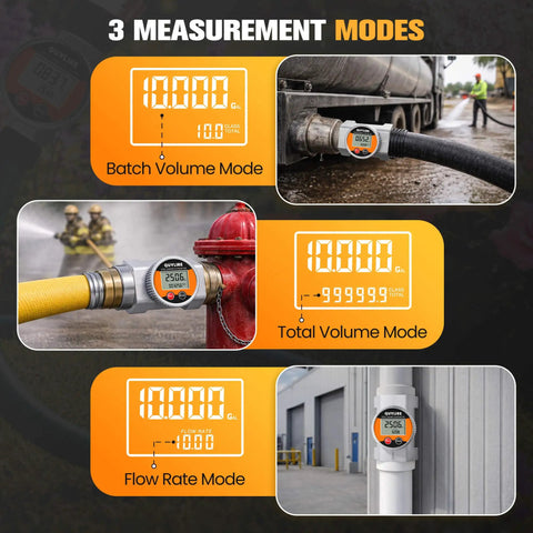 3 measurement modes displayed for 3 Inch Waterproof Outdoor Ready Water Flow Meter IP68 Digital Inline Fuel Flowmeter With NPT Thread