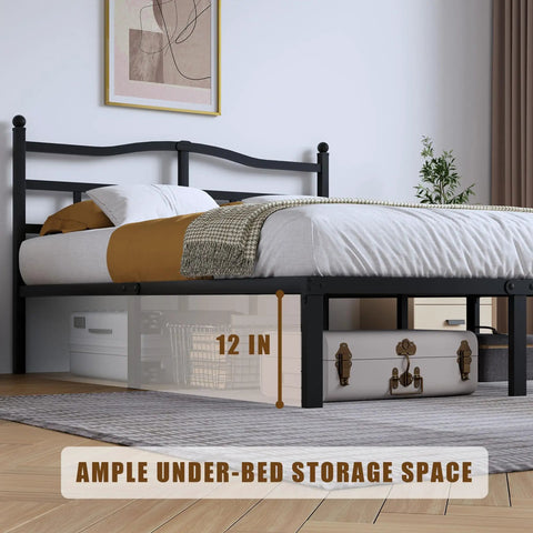 Queen Size Metal Platform Bed Frame In Black With Secure Headboard showing ample 12-inch under-bed storage space