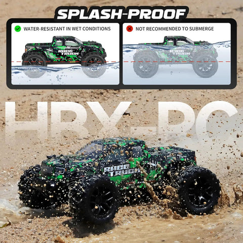 All Terrain 1 To 18 Scale RC Truck 4WD Waterproof Off Road Vehicle splashing through mud, showcasing splash-proof feature