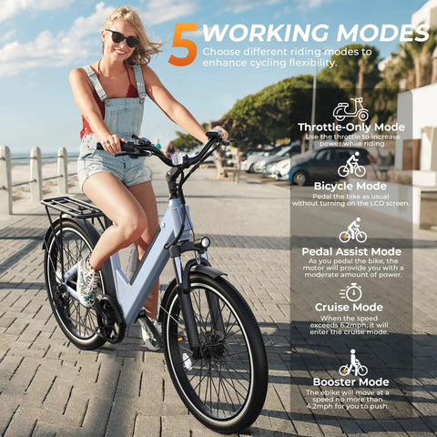 Woman on Electric Bike For Adults With 1000W Peak Motor 20 MPH Top Speed 26 Inch Step Through Frame 50 Mile Range 48V Removable Battery