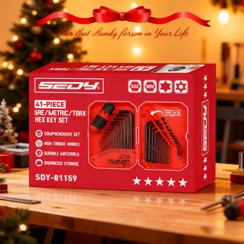 41 Piece Hex Key And Torx Wrench Set With Torque Handle displayed in red and black 3 layer storage case on wooden table