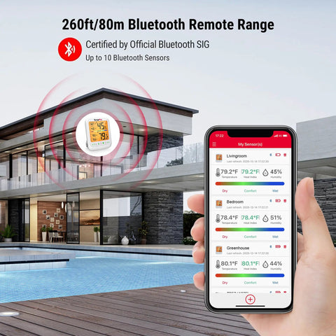 Bluetooth Hygrometer Thermometer With Large Backlit LCD, Indoor Temperature And Humidity Monitor, Ultra Accurate NTC Sensor, Remote Reading Up To 260 Feet, Simple App Sync, app view