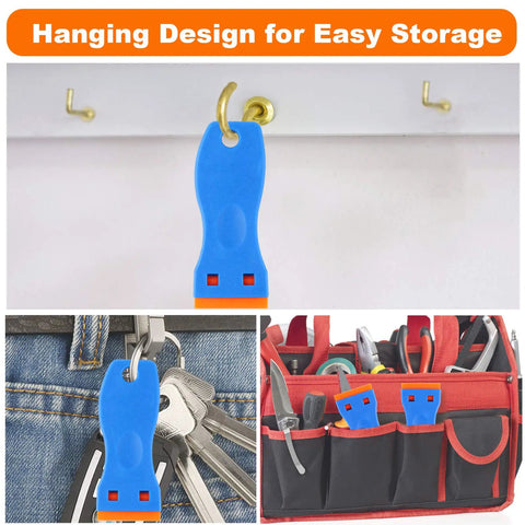 Plastic Razor Blade Scraper Set With 2 Scrapers And 60 Replacement Blades hanging on hooks and in a tool bag