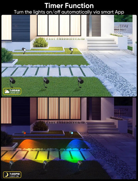 Smart Landscape Lighting Kit No-Fuss Six Pack Outdoor Spotlights With IP65 Waterproof lighting yard pathway at night.