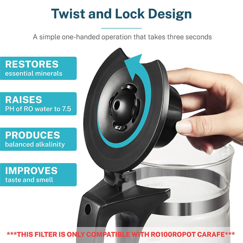 Twist and lock remineralization filter for RO systems alkaline water pitcher, highlights restoration and pH improvement features.