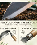 Close-up of Pro Grade Weeding Sickle Garden Tool for Lawn and Grass with sharp high carbon steel blade and wooden handle, details on joint design.
