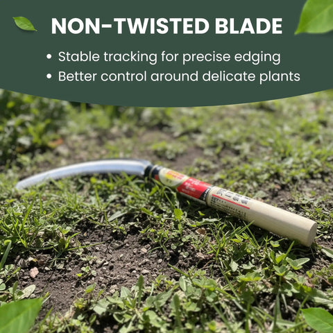 Weeding Sickle Kama With Curved Serrated Edge, Lightweight High Carbon Japanese Steel Blade, Natural Wood Handle laying on grass.