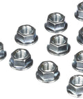 Set Of Ten M10 X 1.25 Locking Flange Nuts Forged From Heavy Duty Chromoly Steel Featuring A Top Shelf Serrated Flange And Cadmium Coating.
