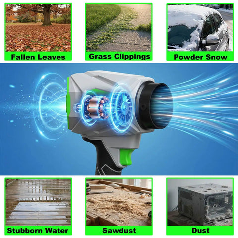 Cordless Leaf Blower Beast Power 62 Meters Per Second Wind 723 CFM 1500G Thrust Handheld Electric Blower With 21V Brushless Motor displayed with leaves, snow, dust usage options.