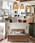 Hand Woven Hemp Rope Pendant Light With 15 Foot Golden Cord And Stepless Dimmer Switch above kitchen island and bedroom, cozy 360 glow.