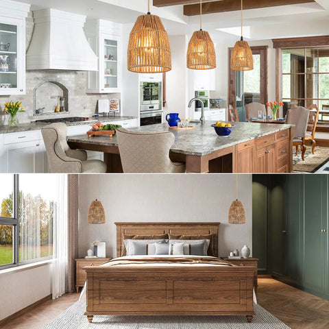 Hand Woven Hemp Rope Pendant Light With 15 Foot Golden Cord And Stepless Dimmer Switch above kitchen island and bedroom, cozy 360 glow.