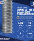 Grade 55 Hot Dip Galvanized Fully Threaded Rod 1 1/4 Inch Diameter 24 Inch Length 7 TPI UNC Coarse with nuts and washers.