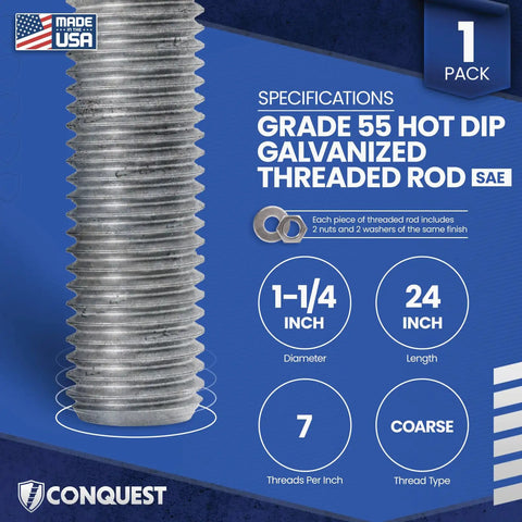 Grade 55 Hot Dip Galvanized Fully Threaded Rod 1 1/4 Inch Diameter 24 Inch Length 7 TPI UNC Coarse with nuts and washers.