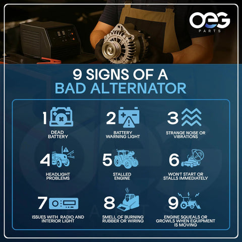Signs of a bad alternator infographic with nine symptoms listed, including dead battery and engine stalls, with Plug And Play Alternator For Ford Tractor Models 2310 2600 2610 2810 2910 3600 3610 3900 3910 410 12V High Output Replacement With PL110536 D5NN AMO0023 8AL2048F 8AL2055F And Other Cross Reference Parts in background