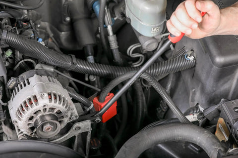 Using 16 Inch Indexable Pry Bar With 11 Position Adjustable Head For Tight Spots in car engine compartment