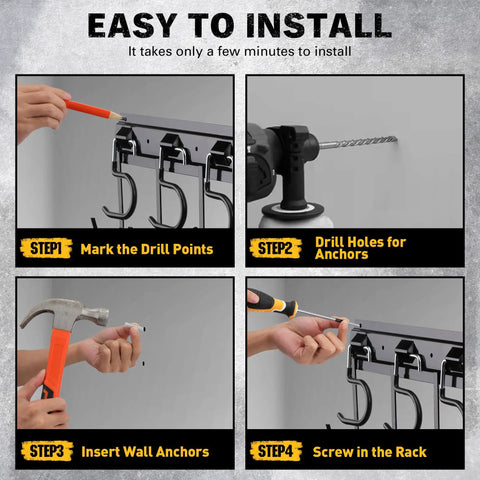 Steps to install 68 Inch All Metal Adjustable Garden Tool Organizer For Garage Wall Mount With Heavy Duty Iron Hooks and Tool Hangers.