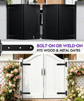 Heavy Duty Gate Hinges For Gates Up To 900 Lbs, 13 Inch Bolt Weld Mount, Matte Black Finish With Built In Ball Bearings And Grease Fitting For Smooth, Quiet Operation On Large Wooden, Metal Farm And Industrial Fencing Gates on black and white gates