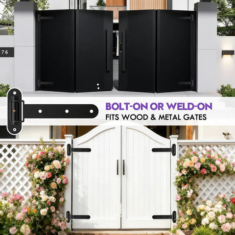 Heavy Duty Gate Hinges For Gates Up To 900 Lbs, 13 Inch Bolt Weld Mount, Matte Black Finish With Built In Ball Bearings And Grease Fitting For Smooth, Quiet Operation On Large Wooden, Metal Farm And Industrial Fencing Gates on black and white gates