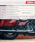 Image showing compatibility chart for Badass Saddlebag Guard Crash Bar For Harley Touring Motorcycles models 2014-2026.