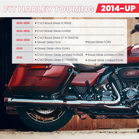 Image showing compatibility chart for Badass Saddlebag Guard Crash Bar For Harley Touring Motorcycles models 2014-2026.