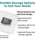 64GB Micro SD card in plastic case with text about flexible storage options, app memory, micro SD, and optional cloud storage.