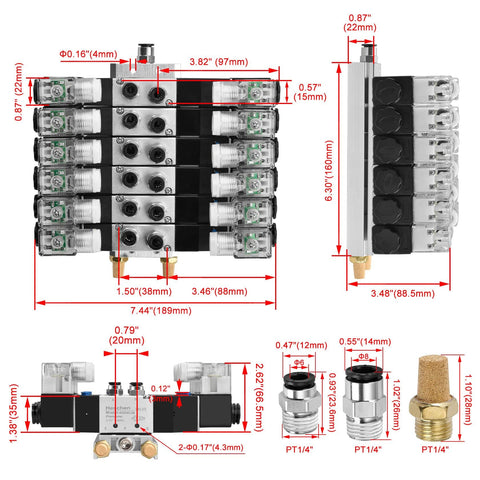 5 Way 3 Position Pneumatic Solenoid Valve With 4V230C08, DC12V Coil, PT1/4 Ports, manifold base, muffler, quick fittings