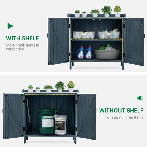 Outdoor Storage Cabinet With Potting Bench And Metal Tabletop For Garden And Patio, Weatherproof Wooden Planting Workstation, open view