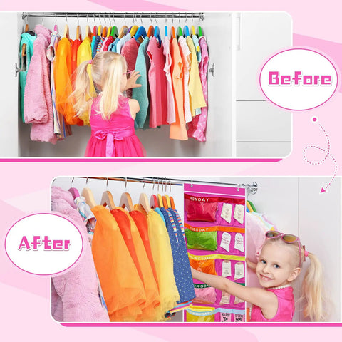 Before and after using Two Pack Kids Week Clothes Organizer 59.5 By 18 Inch Hanging Closet Organizer with 14 pockets for weekdays