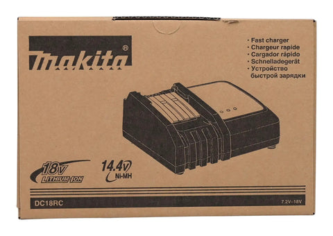 Makita DC18RC Charger box for 7.2 to 18V power tools with 120V input and rapid optimum charging tech, illustrated on packaging.