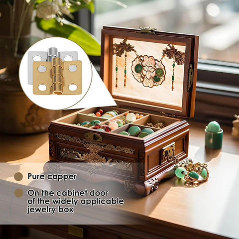 Jewelry box with open lid displaying decorative slots, showing 72 Pack Mini Hinges For Crafts Brass Tiny Hinges For Wooden Boxes.
