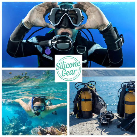 Kid Sized Scuba Mouthpiece Pack Of 3 In Medical Grade Silicone For Extra Comfort shown with diving gear.