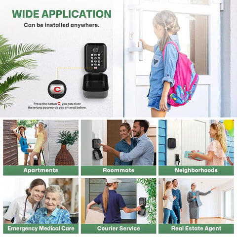Image collage of a waterproof key lock box with code wall mount safe for house keys realtors and garage spare keys 12 digit keypad lock box high security with easy reset durable weatherproof key storage in various applications like apartments, neighborhoods, courier service, and with real estate agents.