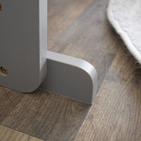 Close-up of the base of the 12 Bin Toy Storage Organizer For Kids Playroom, 4-Tier Toy Organizer in Grey and White on wood floor.