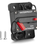Front view of Beefy 60 Amp Waterproof Circuit Breaker Inline Fuse With Manual Reset Switch for marine 12V-48V systems with screws.