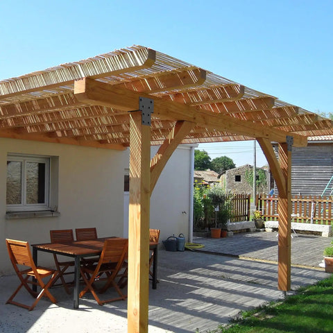 Beefed Up Heavy Duty 4x4 Post Caps Tie Brackets Actual 3.5 By 3.5 Inches 4 Pack Galvanized Steel Pergola Connector Brackets For Wood Posts Gazebo And Deck Beams Black Finish installed on wooden pergola