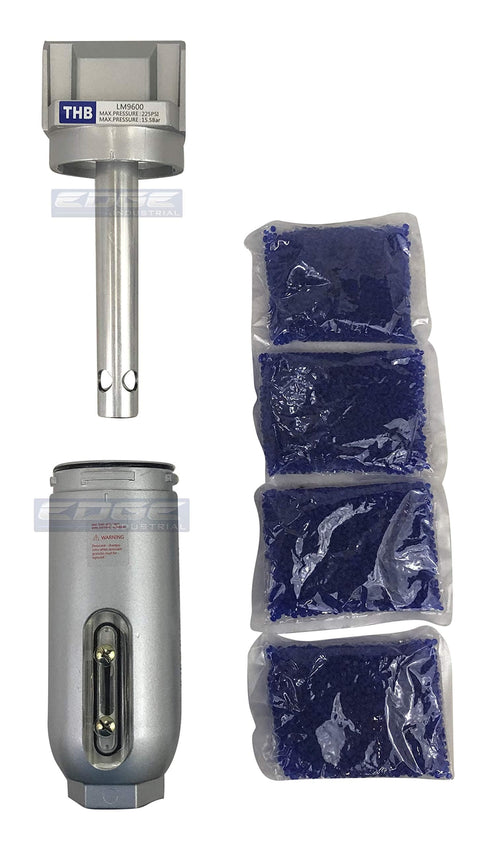 Heavy Duty In Line Desiccant Air Dryer With Metal Bowl And Visible Sight Glass For Dry Compressed Air In Pneumatic Tool Lines 1 Inch NPT Ideal For Workshops And Garages, Removes Moisture And Oil From Your Compressed Air Supply For Tools And Equipment, showing parts and blue desiccant bags