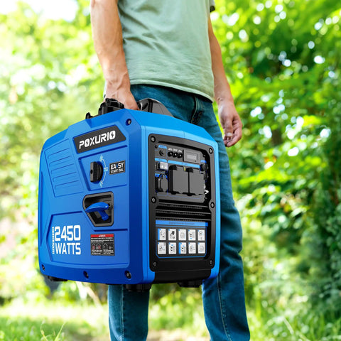 Man carrying a 2450 Watt Portable Inverter Generator For Home And Outdoor Use Ultra Quiet 120V Gas Powered Generator For Camping