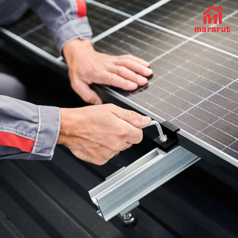 10 Piece Tough As Nails Solar Panel Clamps Black Aluminum End Brackets For 30 Millimeter Unistrut Rails Heavy Duty Mounting Hardware Kit With Bolts And Nuts For Metal Roofs Easy Install Pro Grade Photovoltaic Rack Gear in use on solar panel installation.
