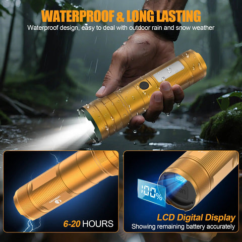 Rechargeable Ultra Bright LED Flashlight With Beast Mode Long Range And Adjustable Focus handheld in rain showing water resistance