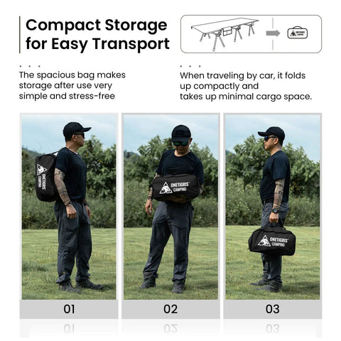 Man carrying compact Super Sturdy Height Adjustable Camping Cot With Leg Extenders Holds Up To 330 Pounds bag in park