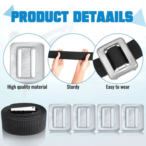 All Around Dive Weights Set For Scuba And Freediving With Nylon Weight Belt And Metal Quick Release Buckle Includes Four Two Point Two Pound Weights For Spearfishing And Summer Underwater Adventures. Close-up of weights and buckle.