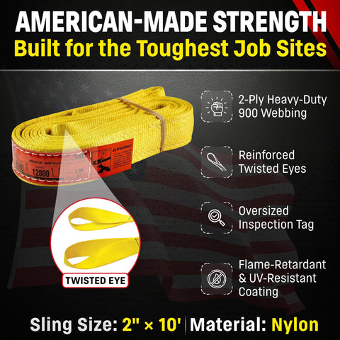 Two Inch Wide Nylon Lifting Slings Eye To Eye For Heavy Duty Lifts With 2 Ply Twisted Eye, 4 To 20 Foot Lengths, Made In USA, 900 Webbing