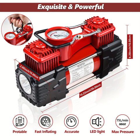 Beefy Dual Cylinder Tire Inflator Air Compressor 150 PSI 12V DC Portable Car Pump With LED Light dimensions and features