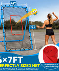 Adjustable Volleyball Rebounder Net 7x4 Ft With PU Volleyball And Stakes for training; featured in blue on outdoor court.