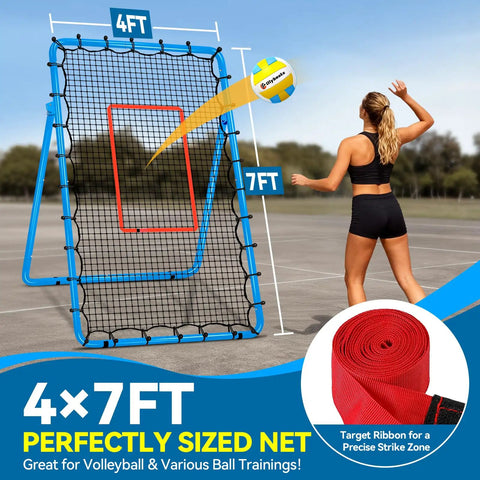 Adjustable Volleyball Rebounder Net 7x4 Ft With PU Volleyball And Stakes for training; featured in blue on outdoor court.