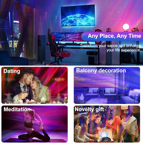 Galaxy Aurora Light Projector With 33 Effects, Bluetooth Speaker And White Noise Machine in various room settings