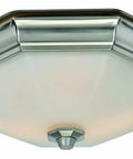 Huntley Decorative Bathroom Exhaust Fan With Light 80 CFM Ultra Quiet Ventilation Two 9.5W LED Bulbs Included Brushed Nickel Finish ETL Listed GFCI Circuit, ceiling view showing brushed nickel frame and white glass shade