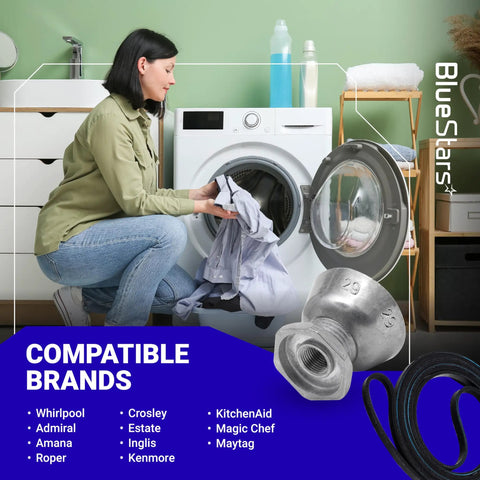 Woman using dryer with Dryer Motor Pulley And Drum Belt Kit For Whirlpool Maytag Kenmore Dryers Replaces PS11744884.